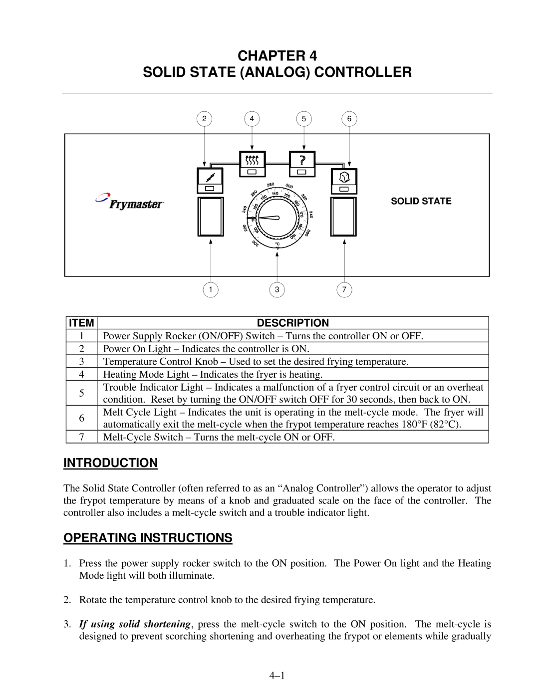 Frymaster 8195916 user manual Chapter Solid State Analog Controller, Operating Instructions 