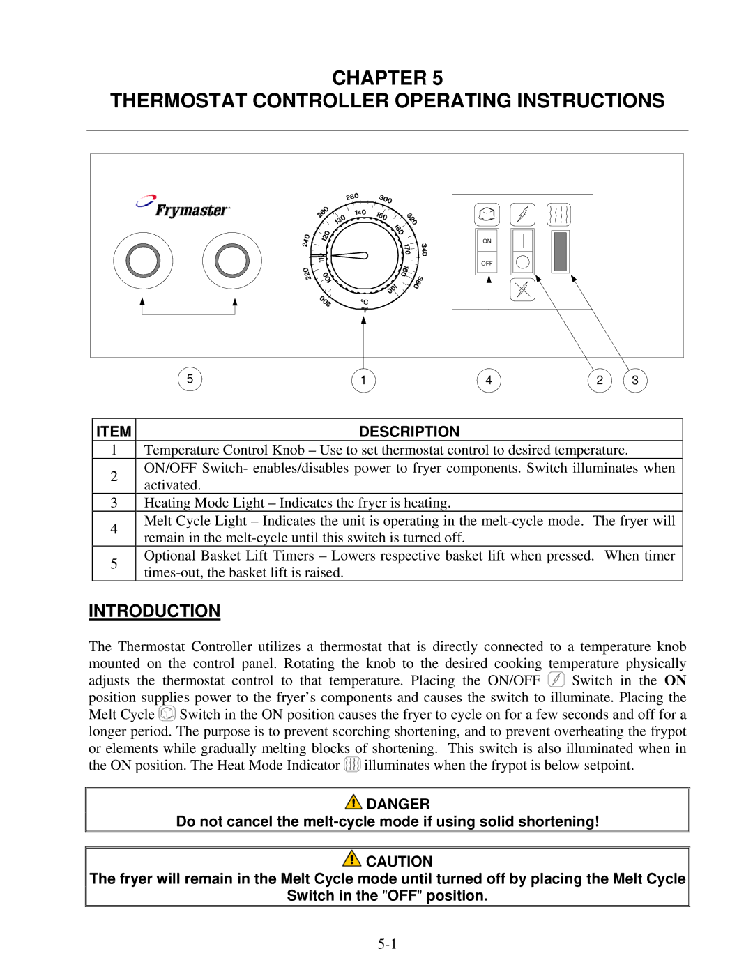 Frymaster 8195916 user manual Chapter Thermostat Controller Operating Instructions, Introduction 