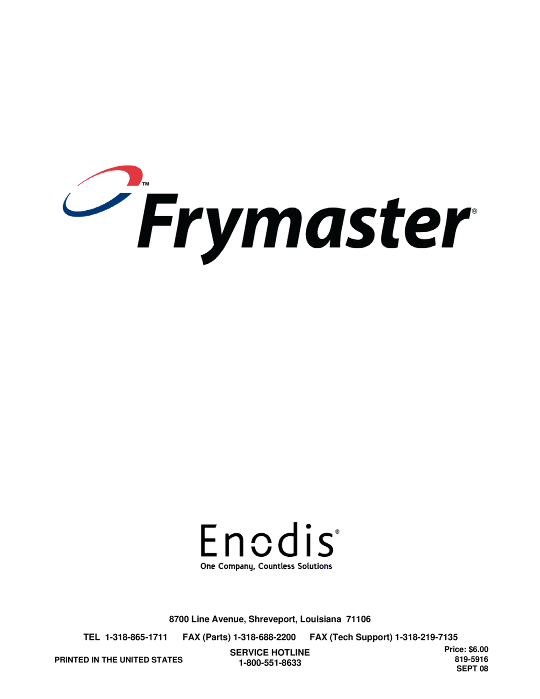 Frymaster 8195916 user manual Service Hotline 