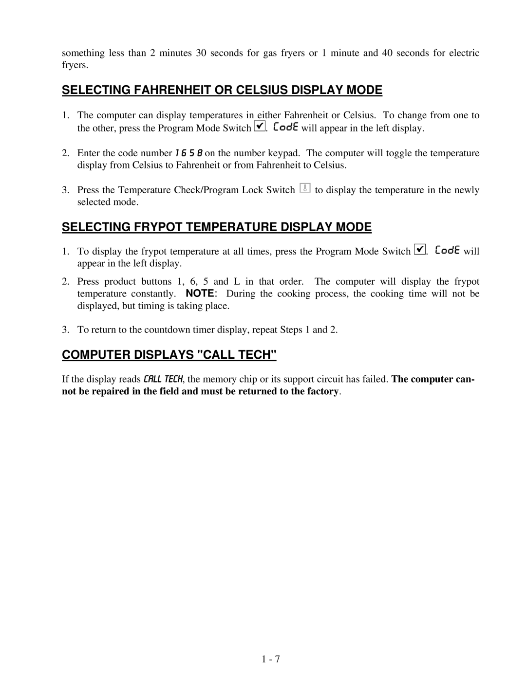 Frymaster 8195916 user manual Selecting Fahrenheit or Celsius Display Mode, Selecting Frypot Temperature Display Mode 