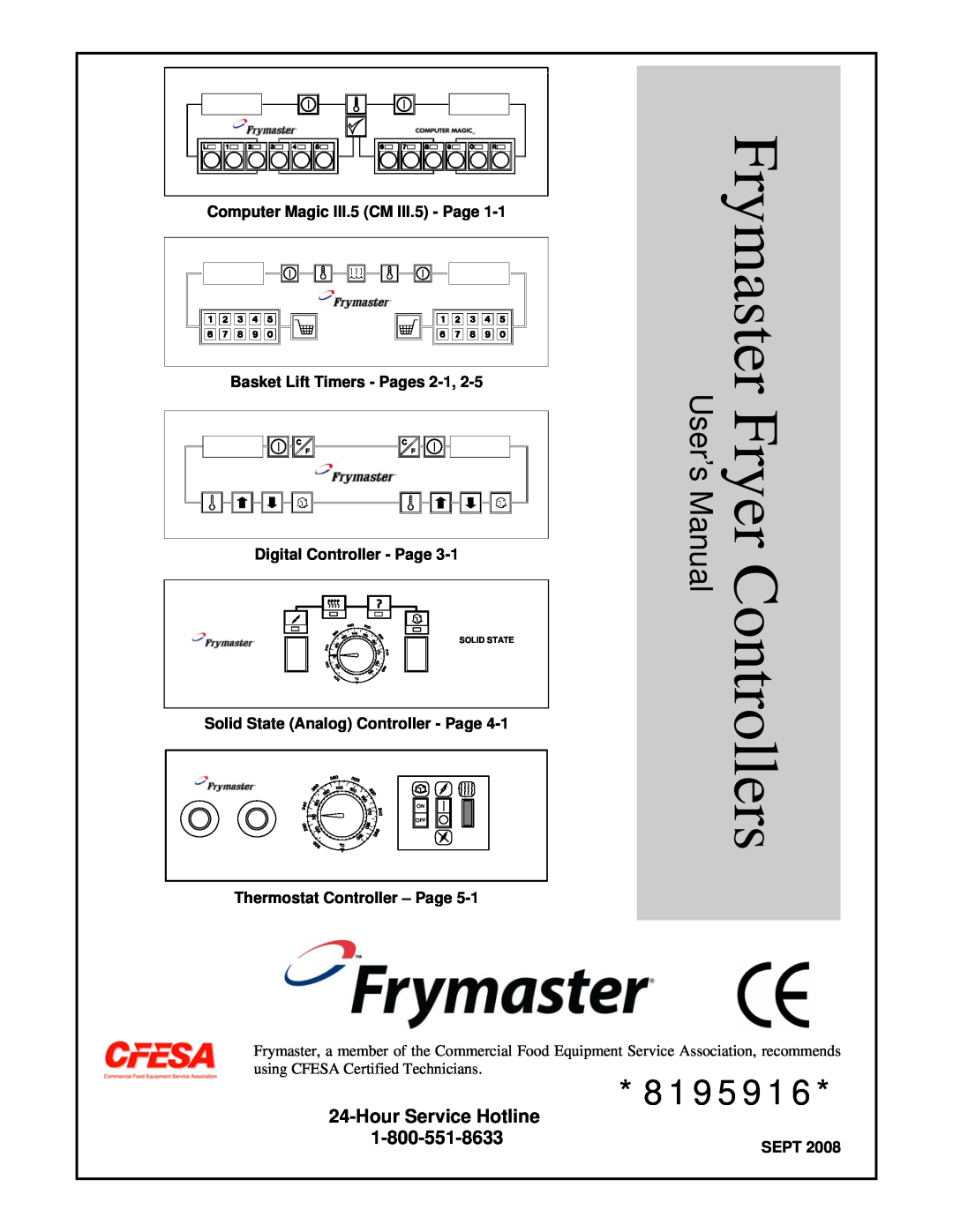Frymaster 8195916 user manual Hour Service Hotline, Frymaster Fryer Controllers, Digital Controller - Page, Sept, On Off 