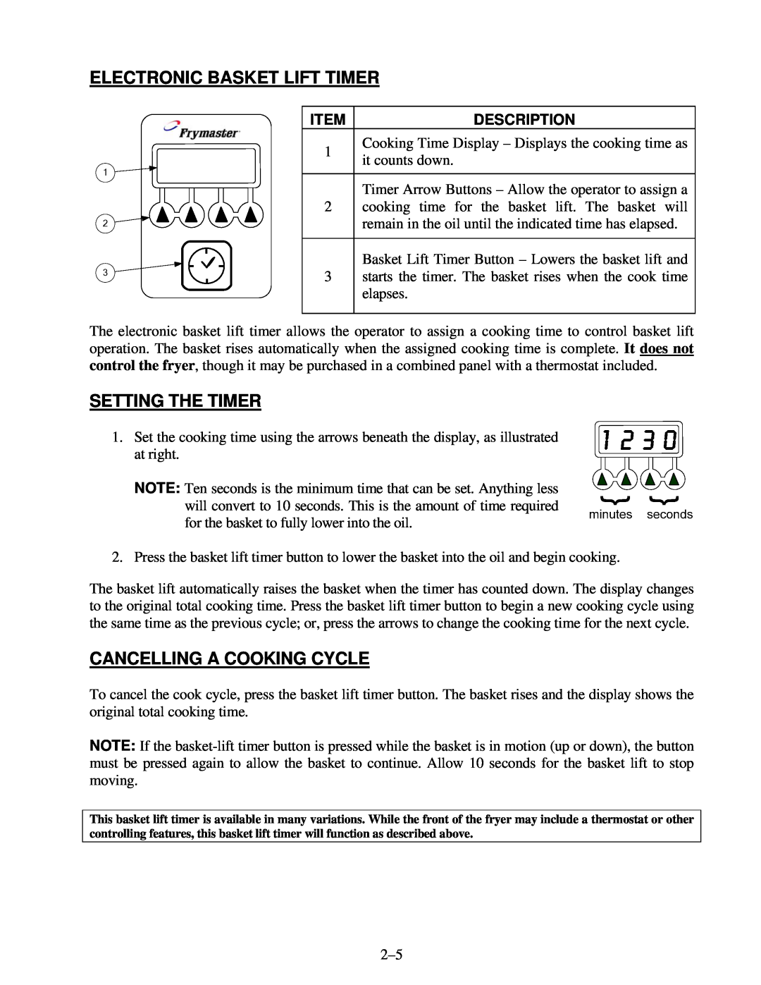 Frymaster 8195916 user manual Electronic Basket Lift Timer, Setting The Timer, Cancelling A Cooking Cycle 
