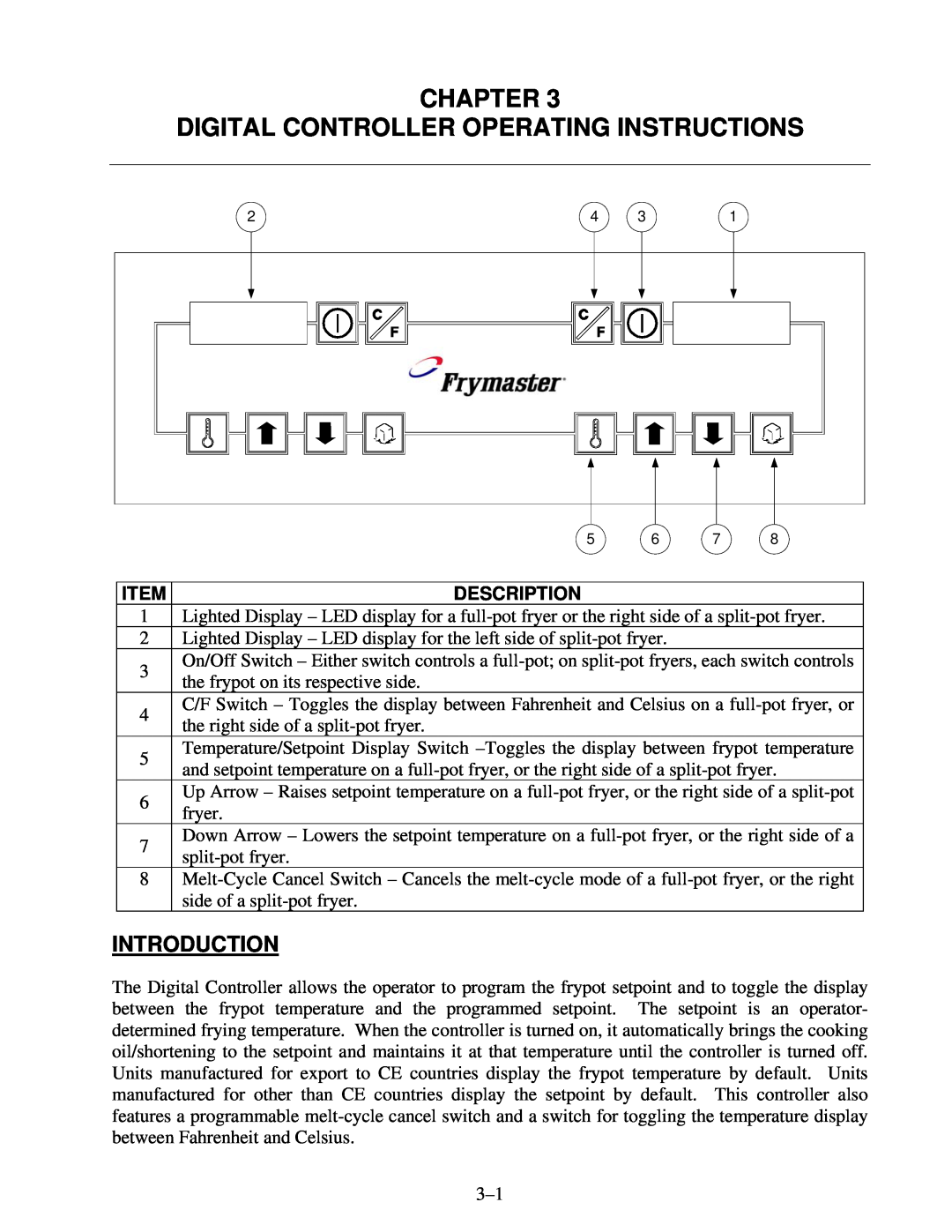 Frymaster 8195916 user manual Chapter Digital Controller Operating Instructions, Introduction, Description 