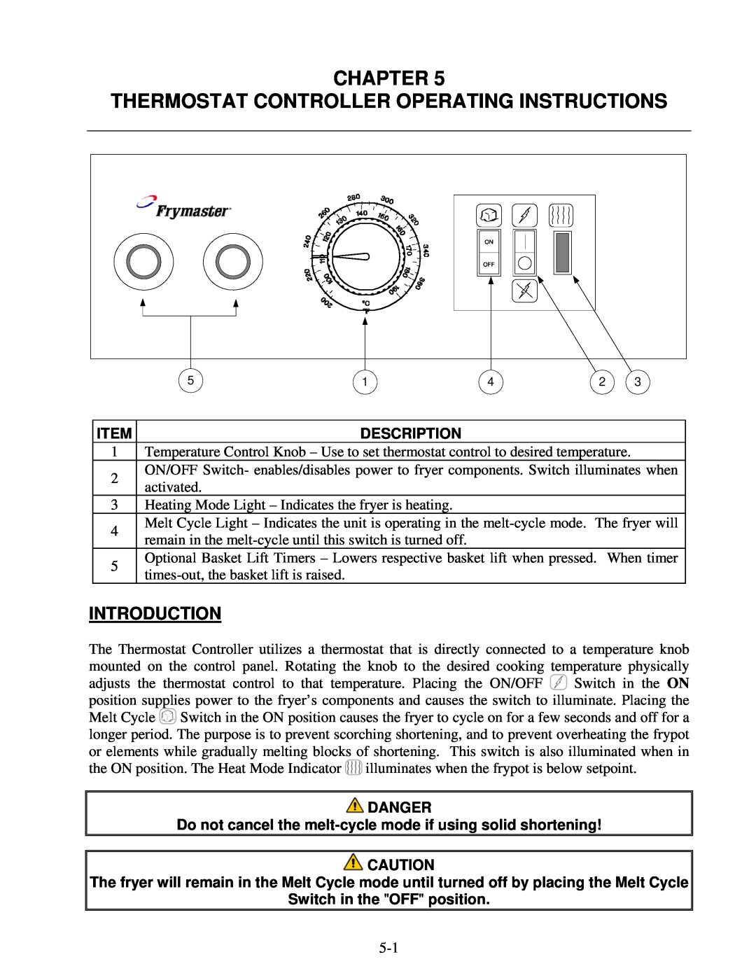 Frymaster 8195916 Chapter Thermostat Controller Operating Instructions, Switch in the OFF position, Introduction 