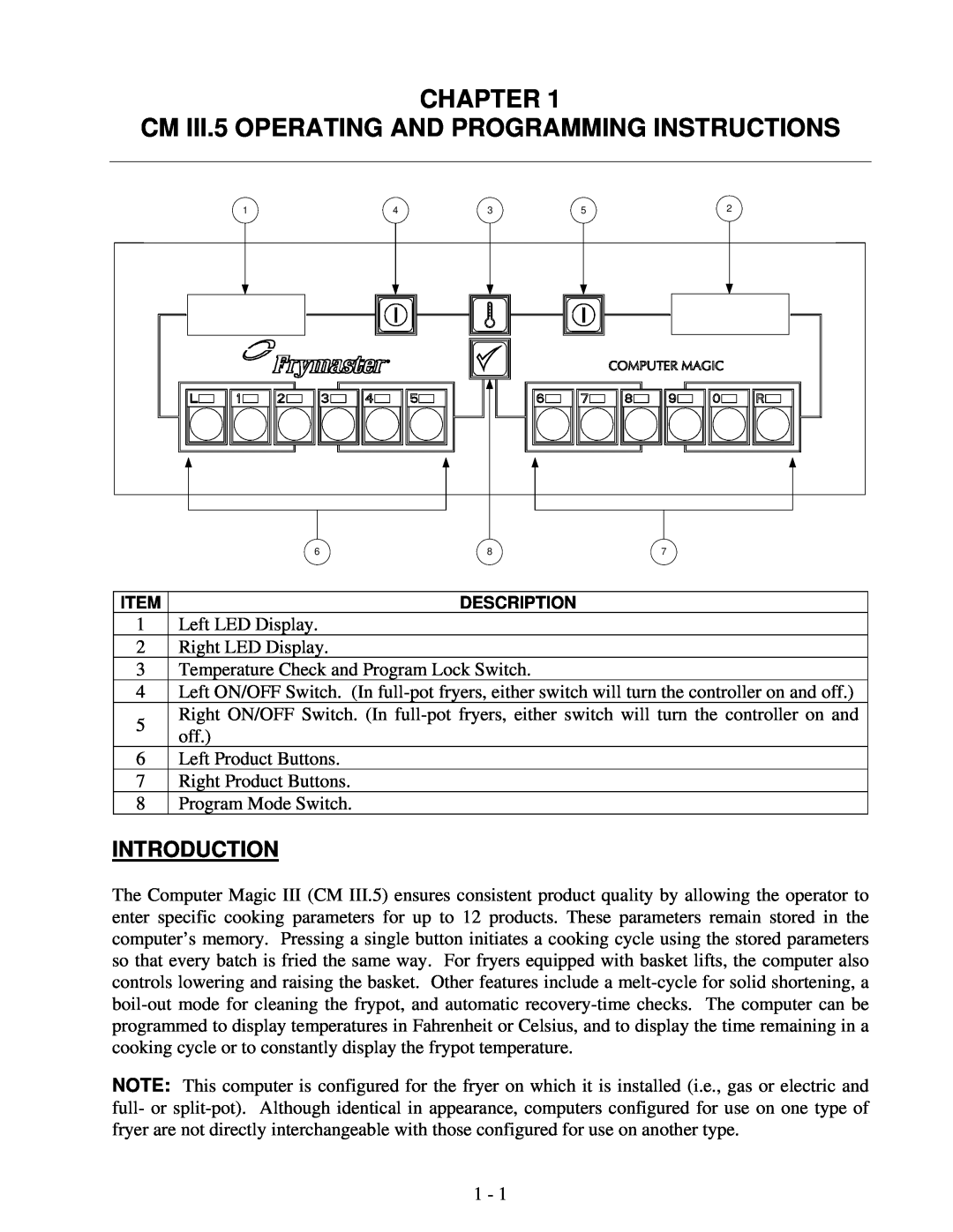 Frymaster 8195916 user manual CHAPTER CM III.5 OPERATING AND PROGRAMMING INSTRUCTIONS, Introduction 