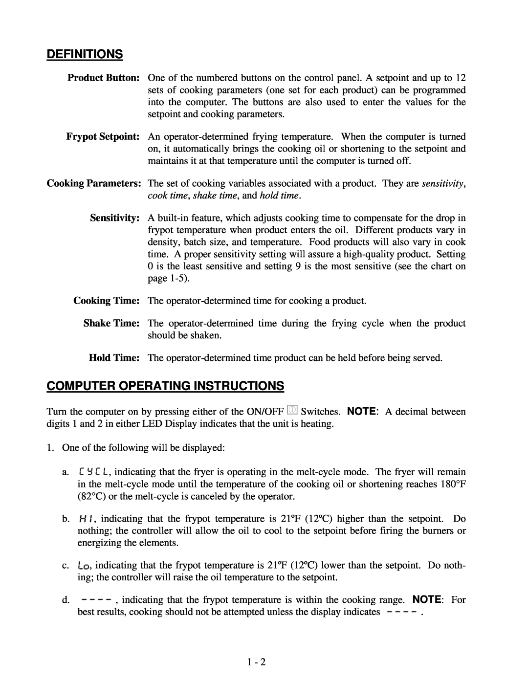 Frymaster 8195916 user manual Definitions, Computer Operating Instructions 