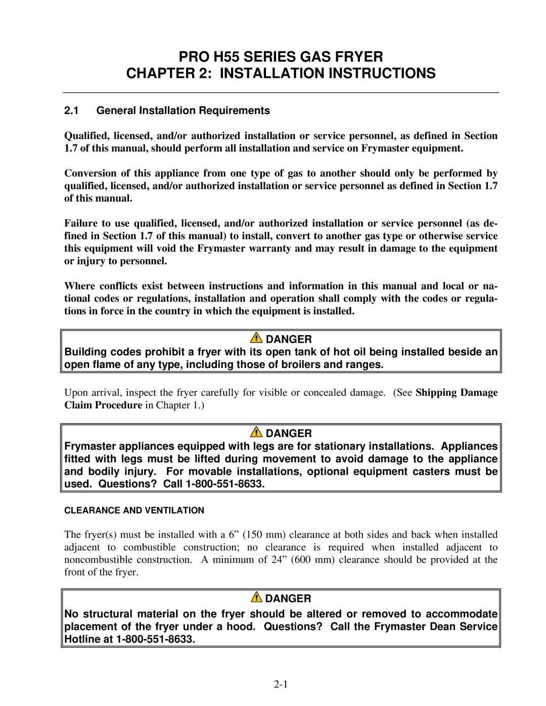 Frymaster 8195991 operation manual PRO H55 Series GAS Fryer Installation Instructions, General Installation Requirements 