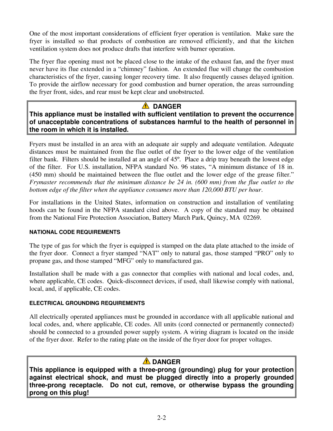 Frymaster 8195991 operation manual National Code Requirements 