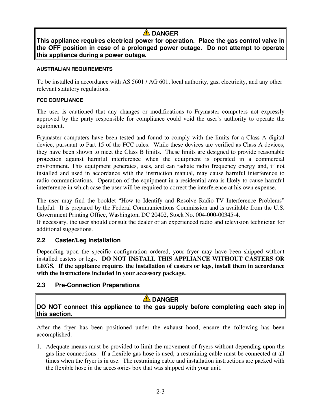 Frymaster 8195991 operation manual Caster/Leg Installation 