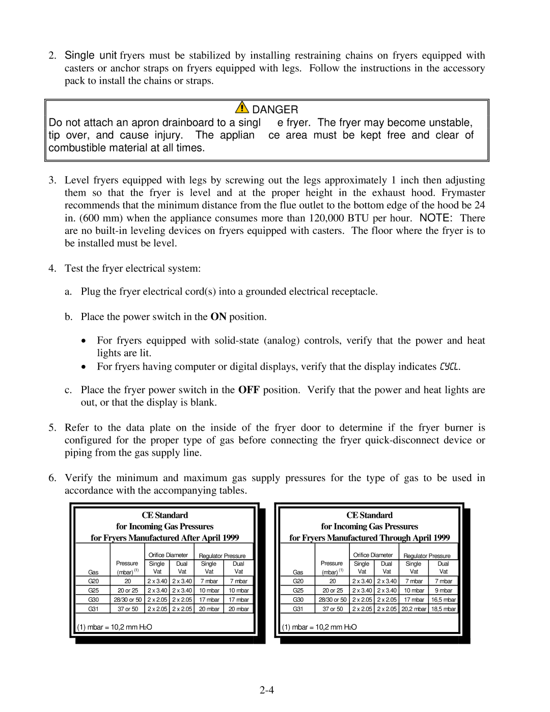 Frymaster 8195991 operation manual Mbar = 10,2 mm H2O 