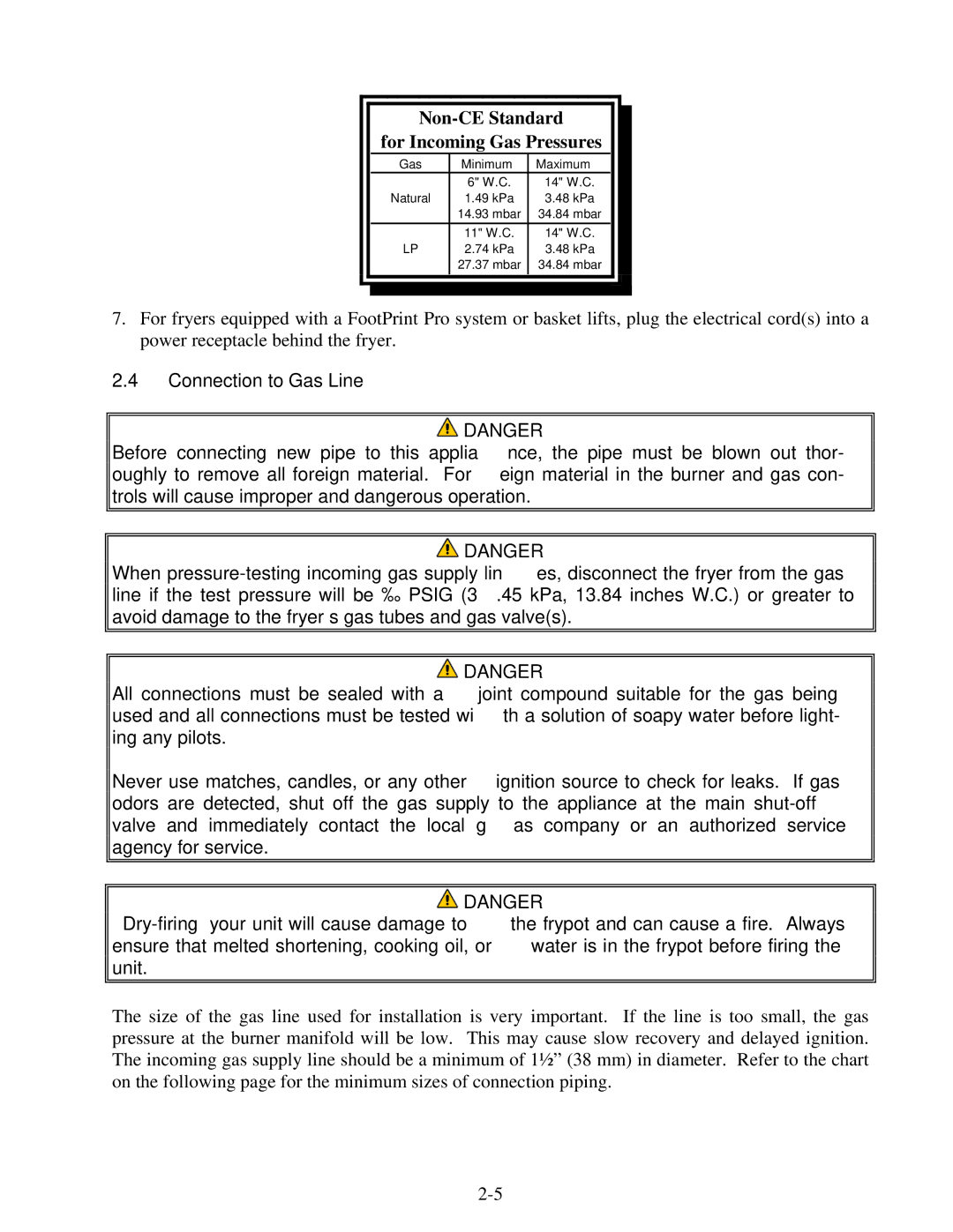 Frymaster 8195991 operation manual Non-CE Standard For Incoming Gas Pressures 