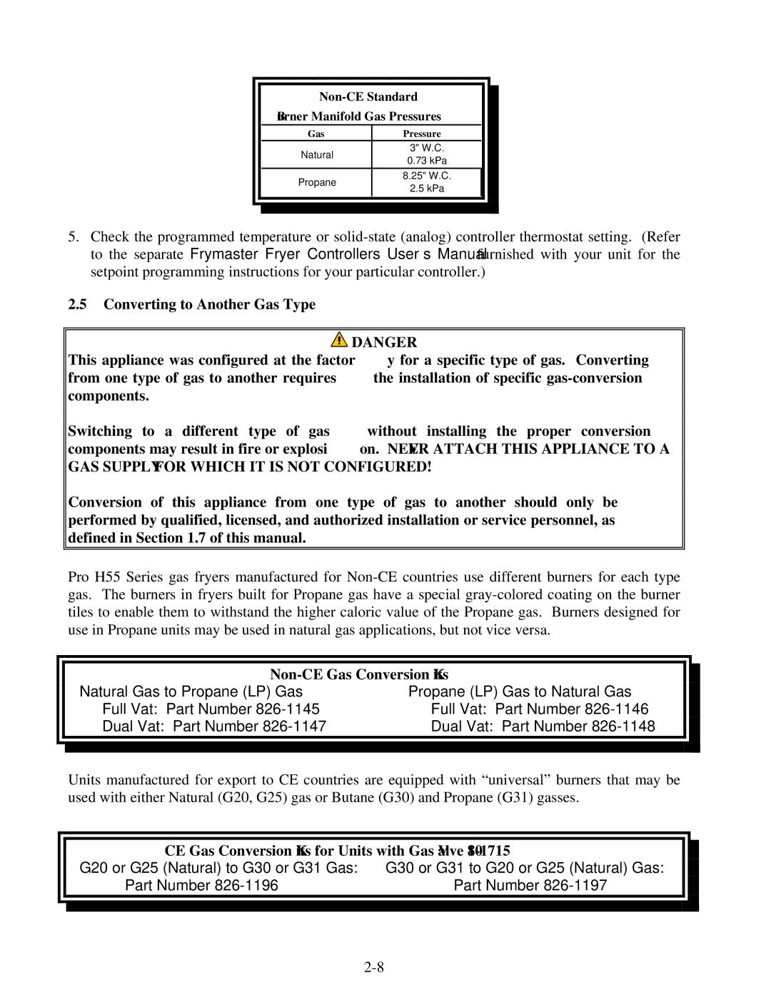 Frymaster 8195991 operation manual Non-CE Gas Conversion Kits, CE Gas Conversion Kits for Units with Gas Valve 