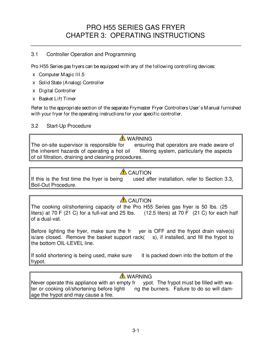 Frymaster 8195991 operation manual PRO H55 Series GAS Fryer Operating Instructions, Controller Operation and Programming 