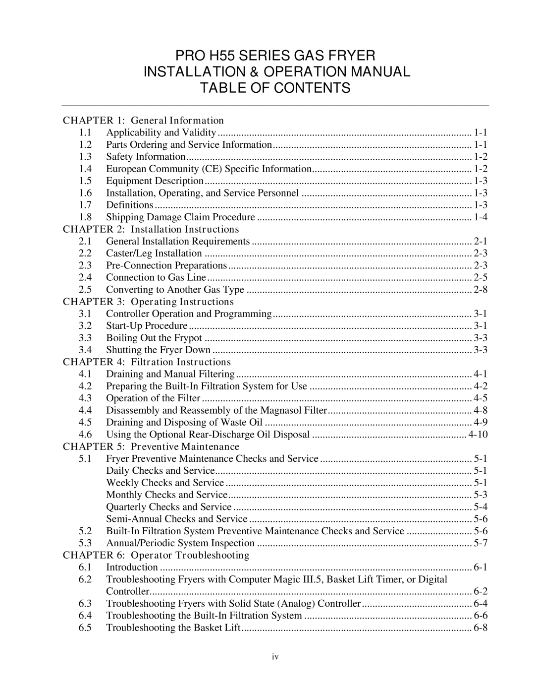 Frymaster 8195991 operation manual PRO H55 Series GAS Fryer Table of Contents 