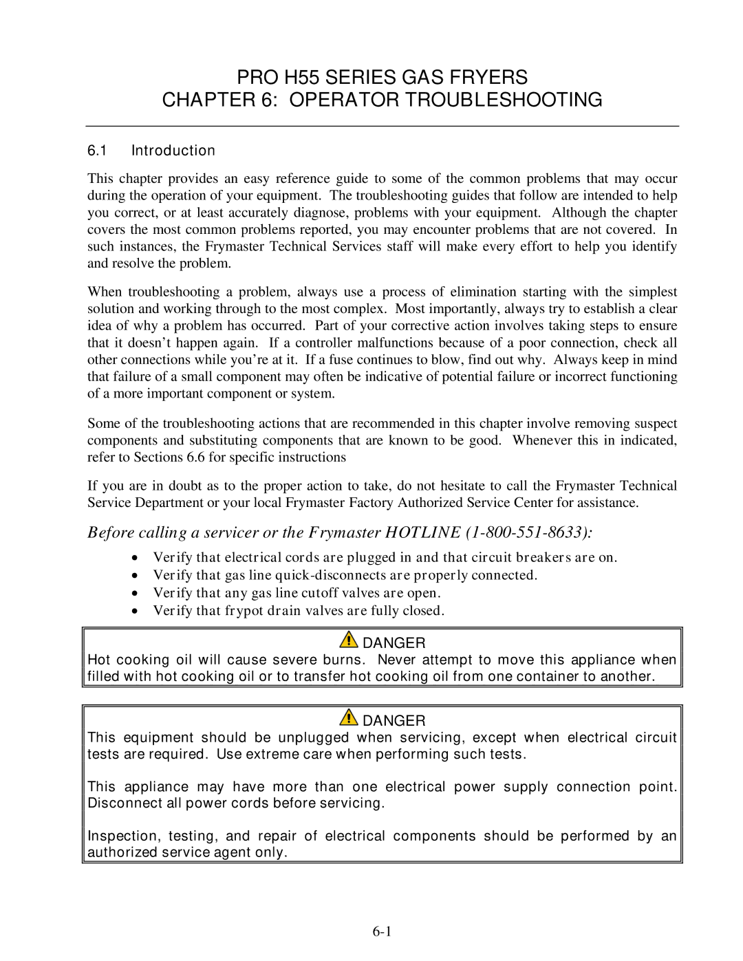 Frymaster 8195991 operation manual PRO H55 Series GAS Fryers Operator Troubleshooting, Introduction 