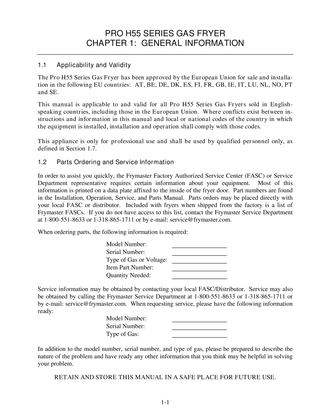 Frymaster 8195991 operation manual PRO H55 Series GAS Fryer General Information, Applicability and Validity 