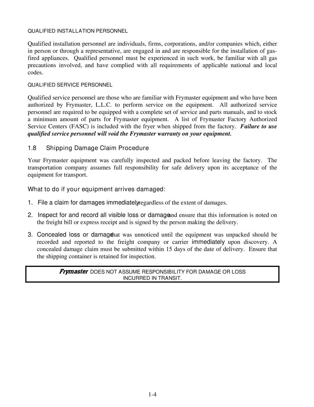 Frymaster 8195991 operation manual Shipping Damage Claim Procedure, What to do if your equipment arrives damaged 