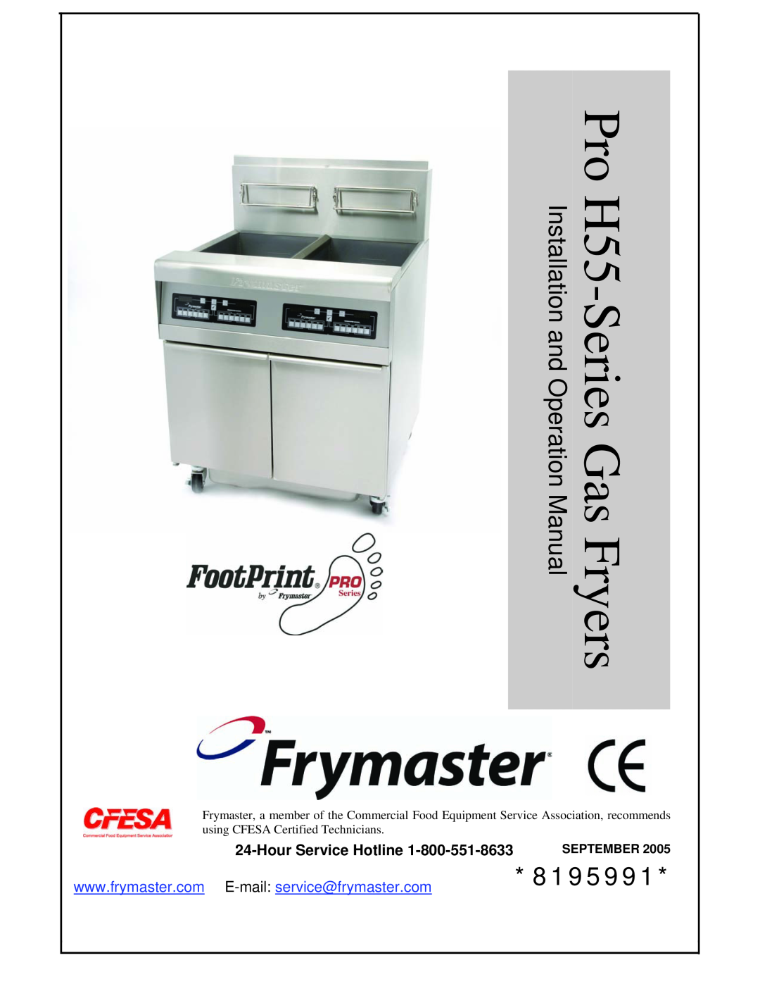 Frymaster 8195991 operation manual Hour Service Hotline, September, Pro H55-Series Gas Fryers 