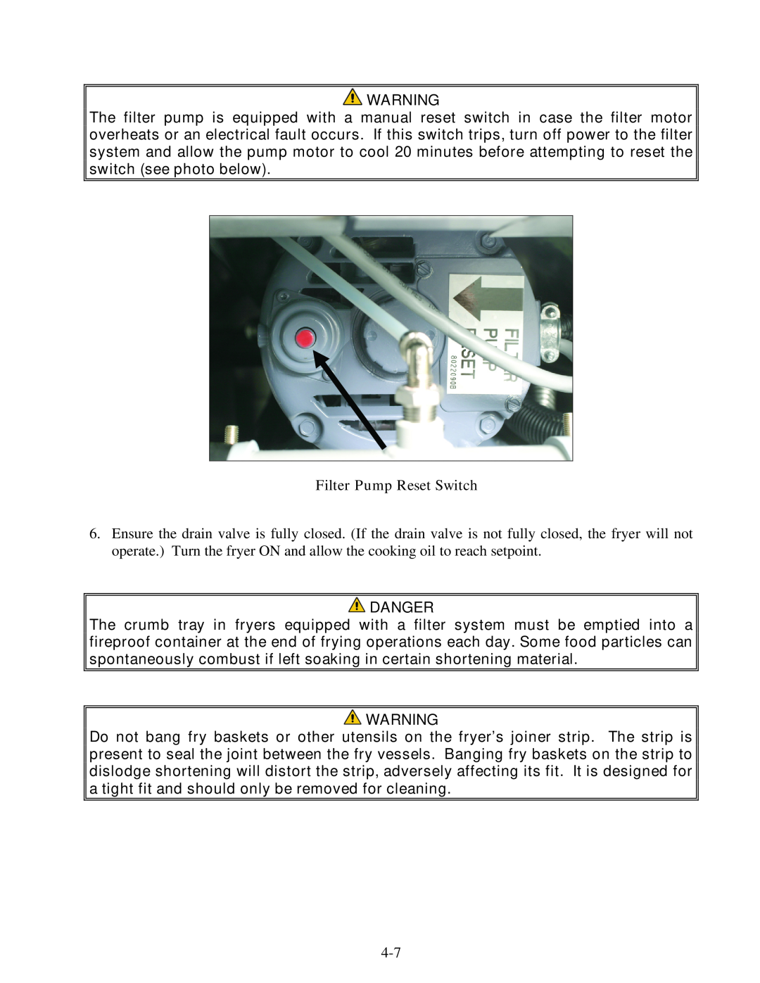 Frymaster 8195991 operation manual Filter Pump Reset Switch, Danger 