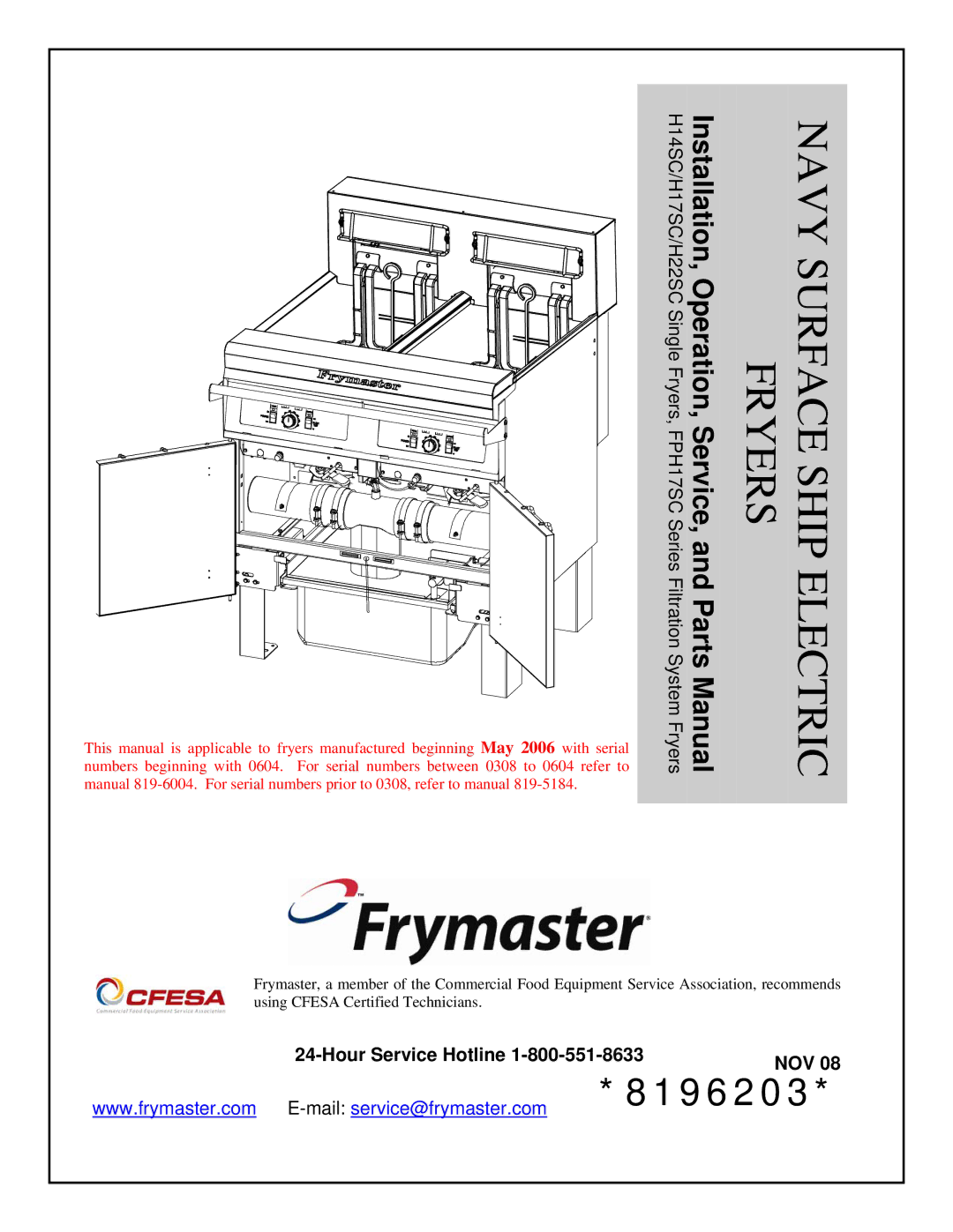 Frymaster 8196203 manual Navy Surface Ship Electric Fryers, Hour Service Hotline NOV 