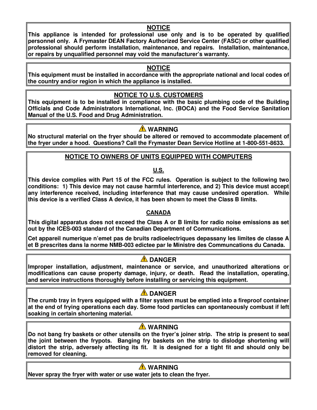 Frymaster 8196203 manual Canada 