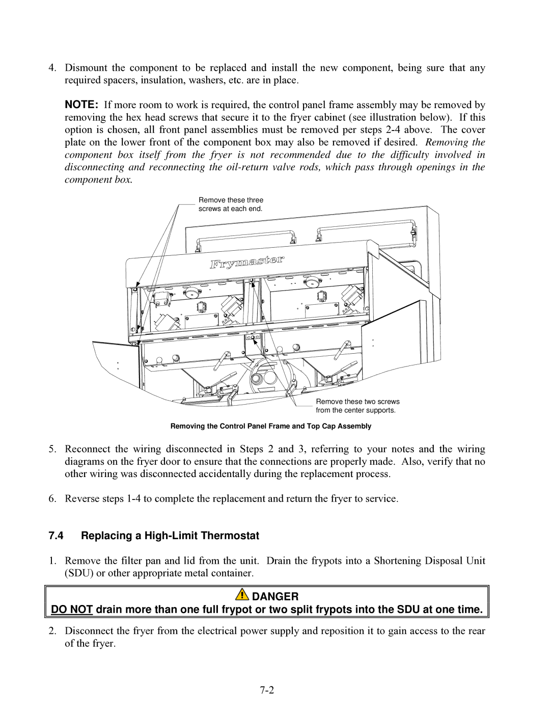 Frymaster 8196203 manual Replacing a High-Limit Thermostat 