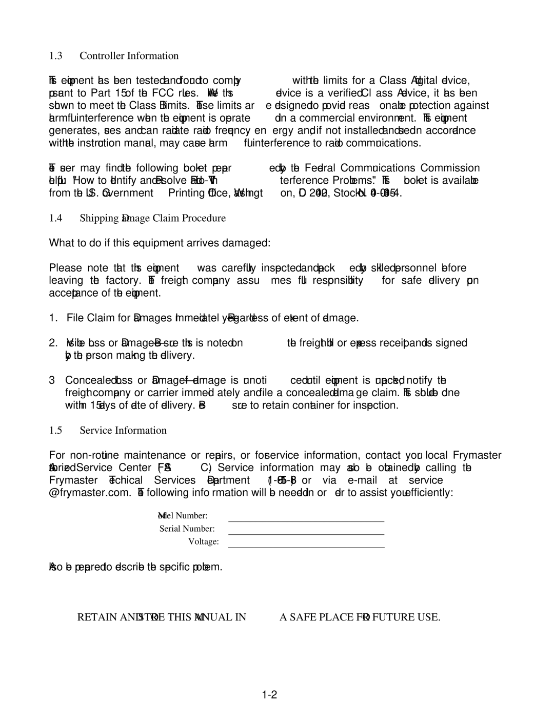 Frymaster 8196203 manual Controller Information, Shipping Damage Claim Procedure, Service Information 