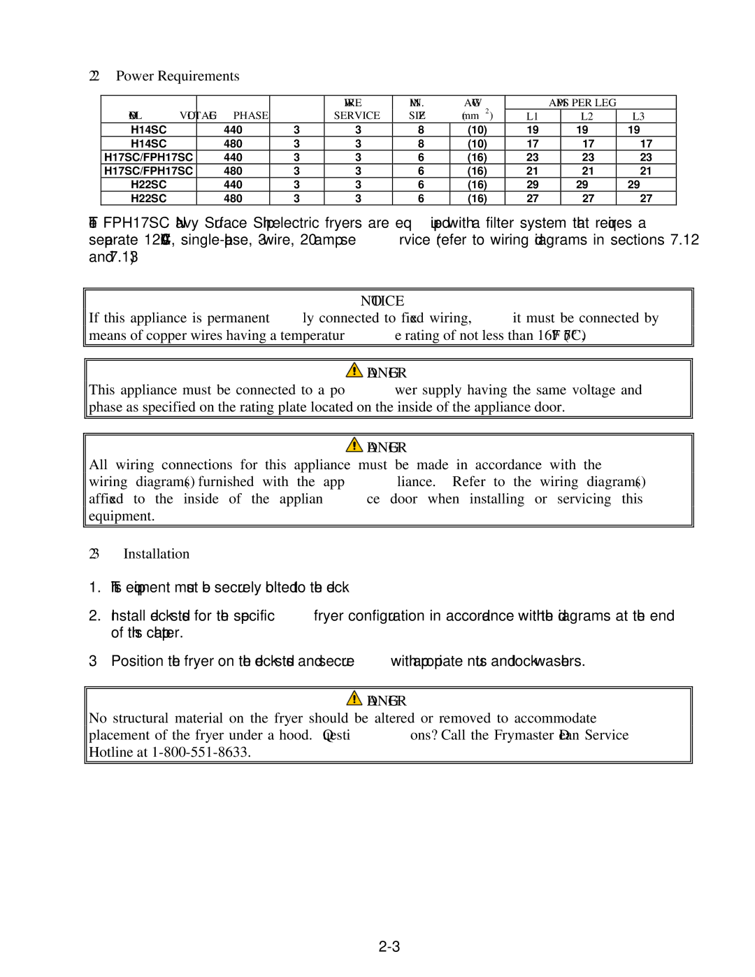 Frymaster 8196203 manual Power Requirements 