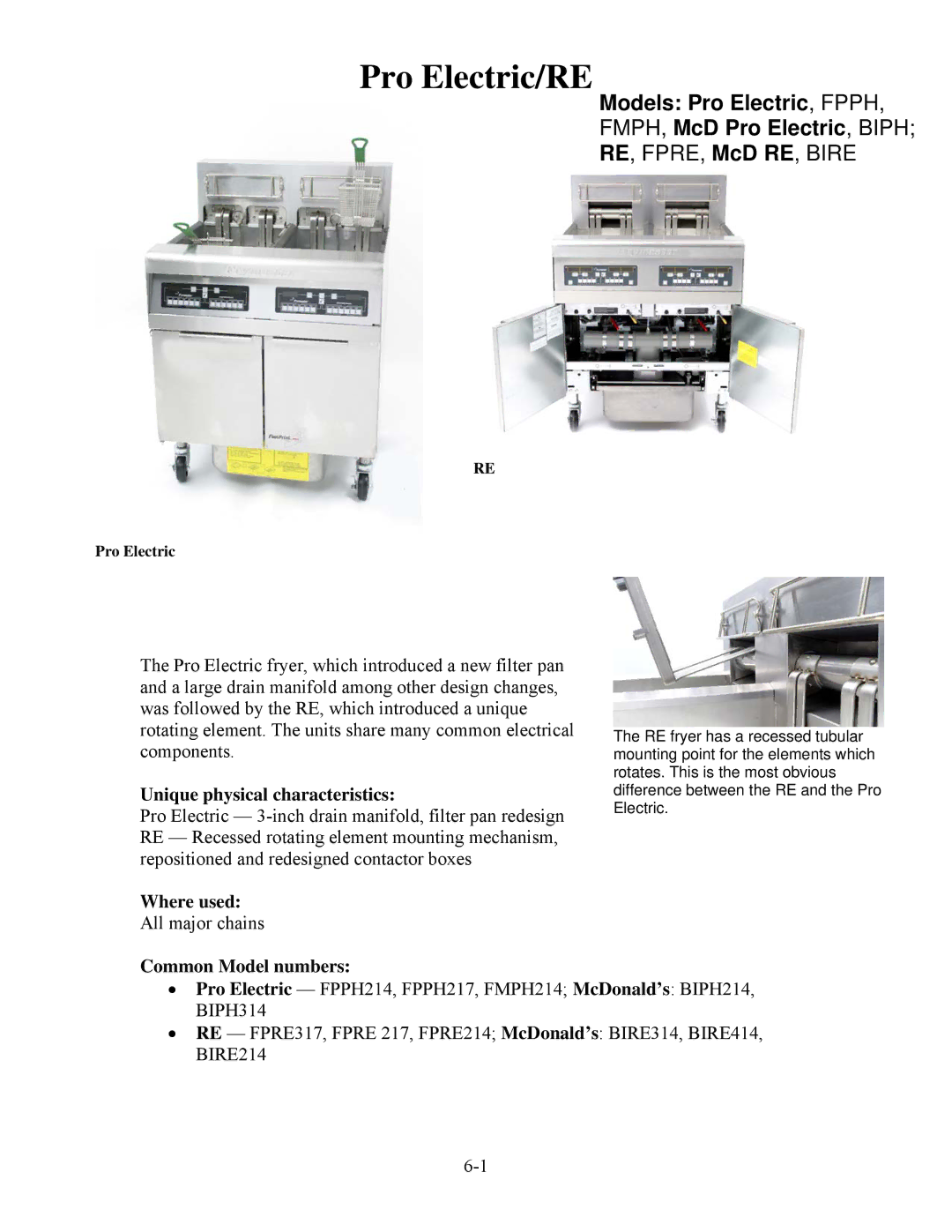 Frymaster 8196321 manual Pro Electric/RE, Models Pro Electric, Fpph FMPH, McD Pro Electric, Biph 