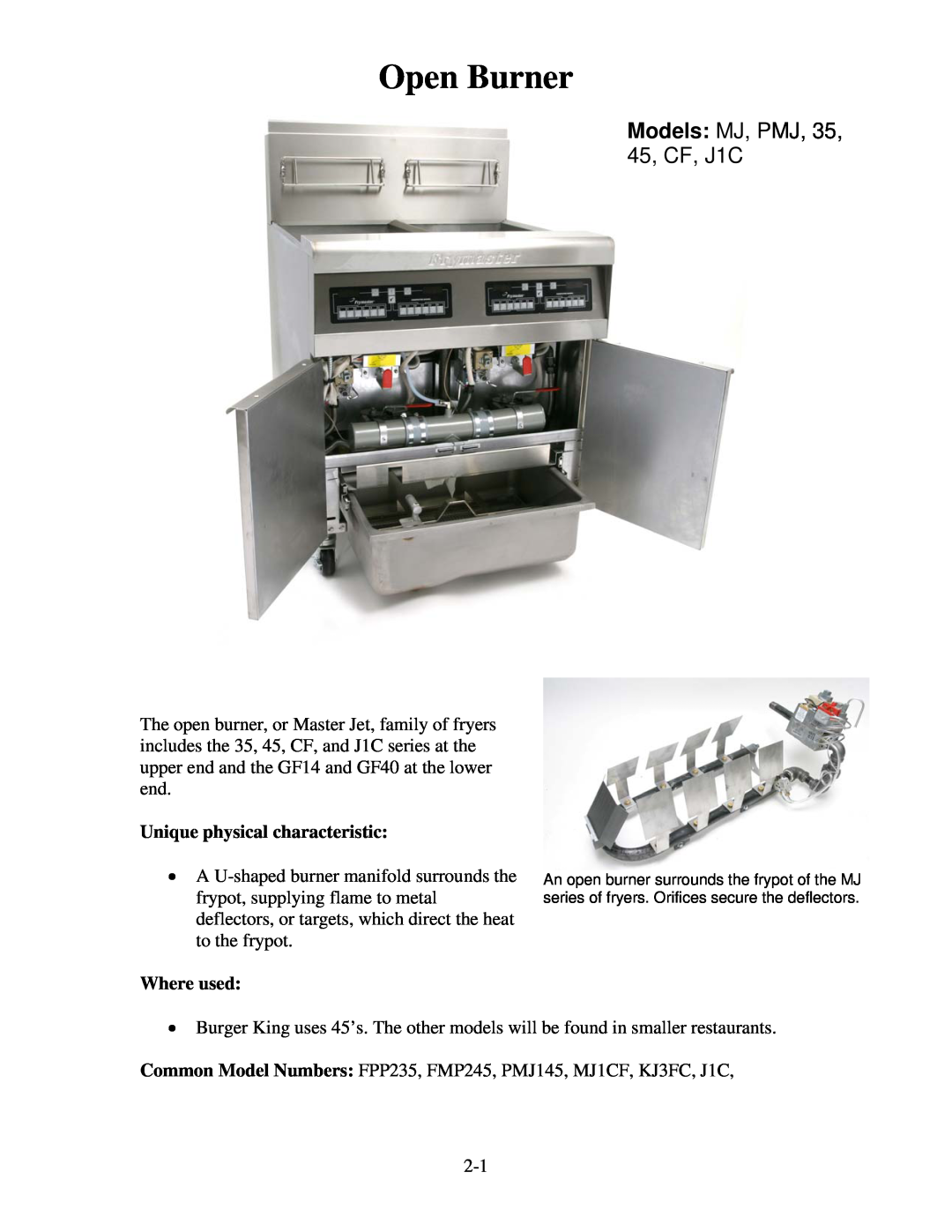 Frymaster 8196321 manual Open Burner, Models MJ, PMJ, 35, 45, CF, J1C 