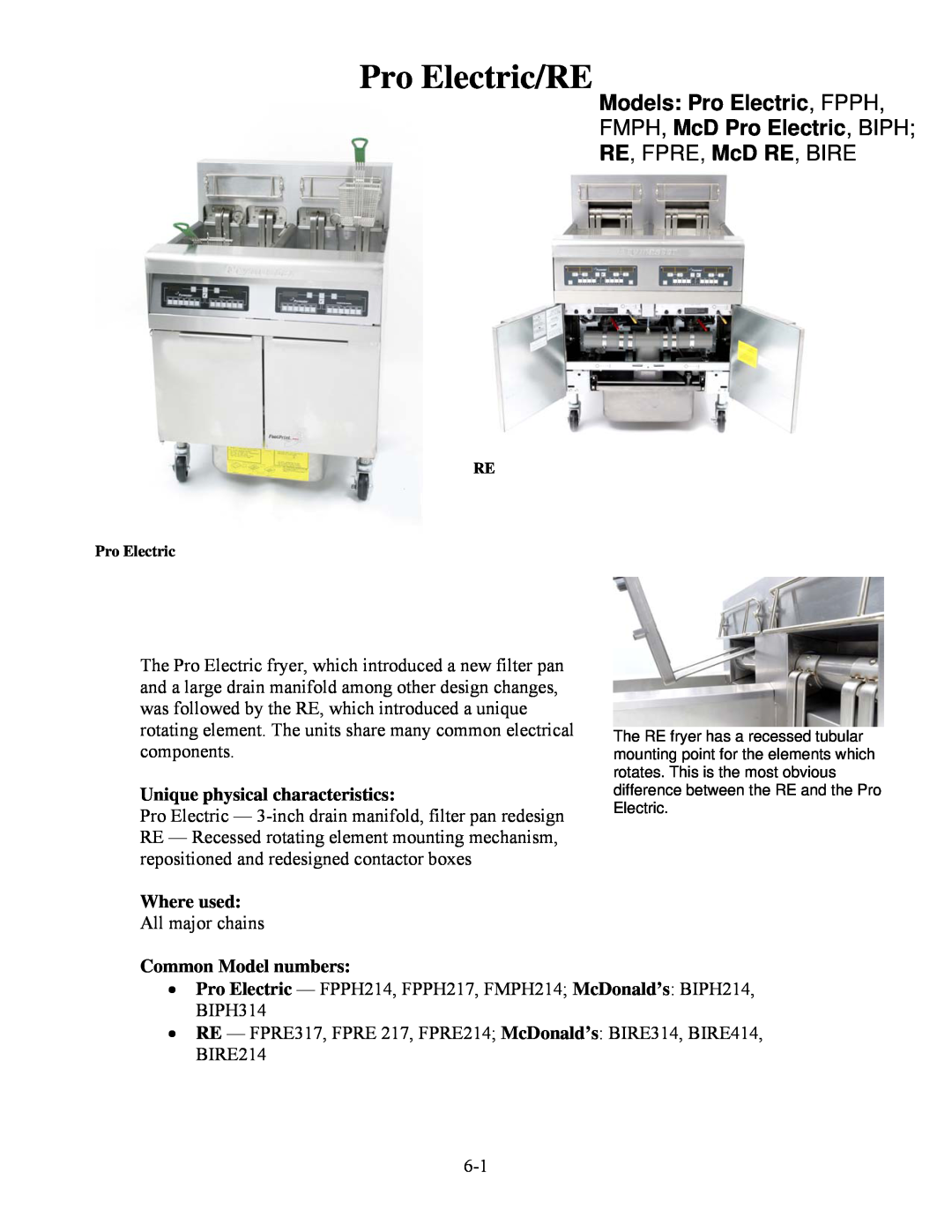 Frymaster 8196321 manual Pro Electric/RE, Models Pro Electric, FPPH, FMPH, McD Pro Electric, BIPH, RE, FPRE, McD RE, BIRE 