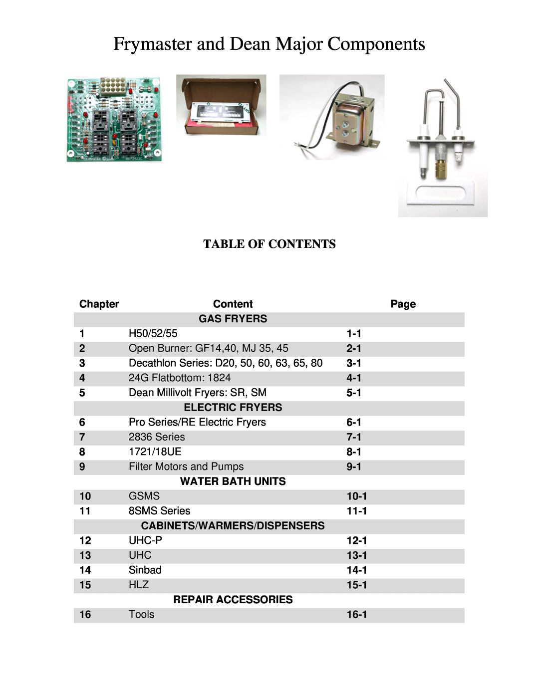 Frymaster 8196321 manual Frymaster and Dean Major Components, Table Of Contents 