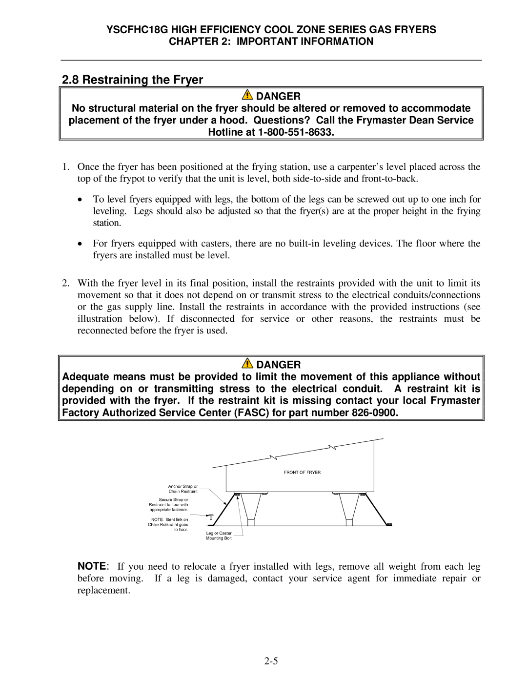 Frymaster *8196329* manual Restraining the Fryer 