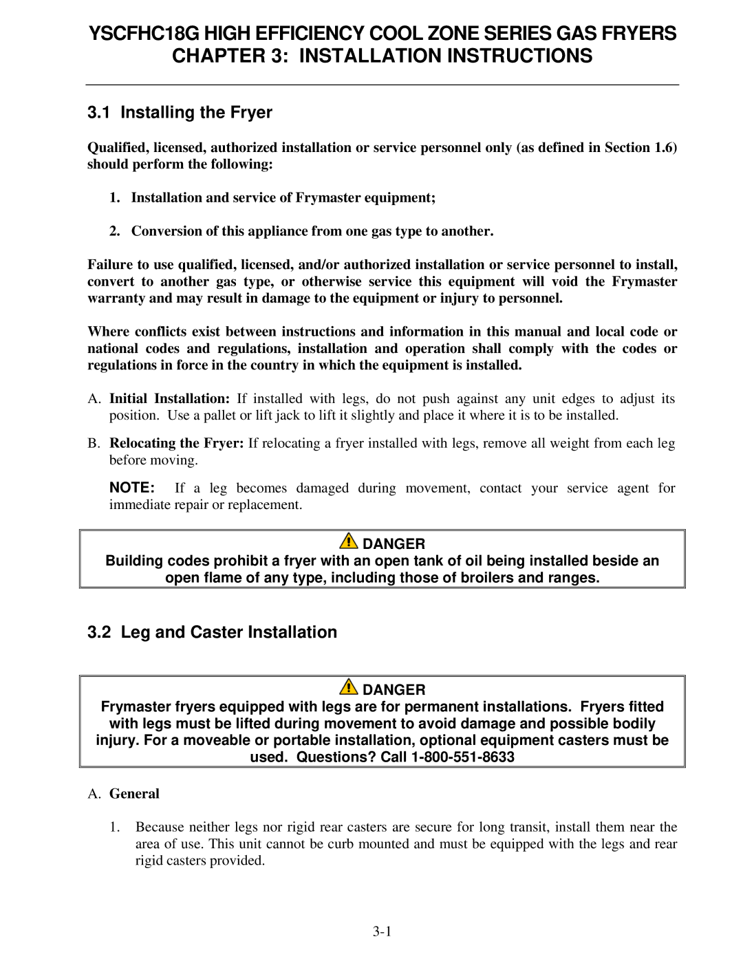 Frymaster *8196329* manual Installing the Fryer, Leg and Caster Installation, General 