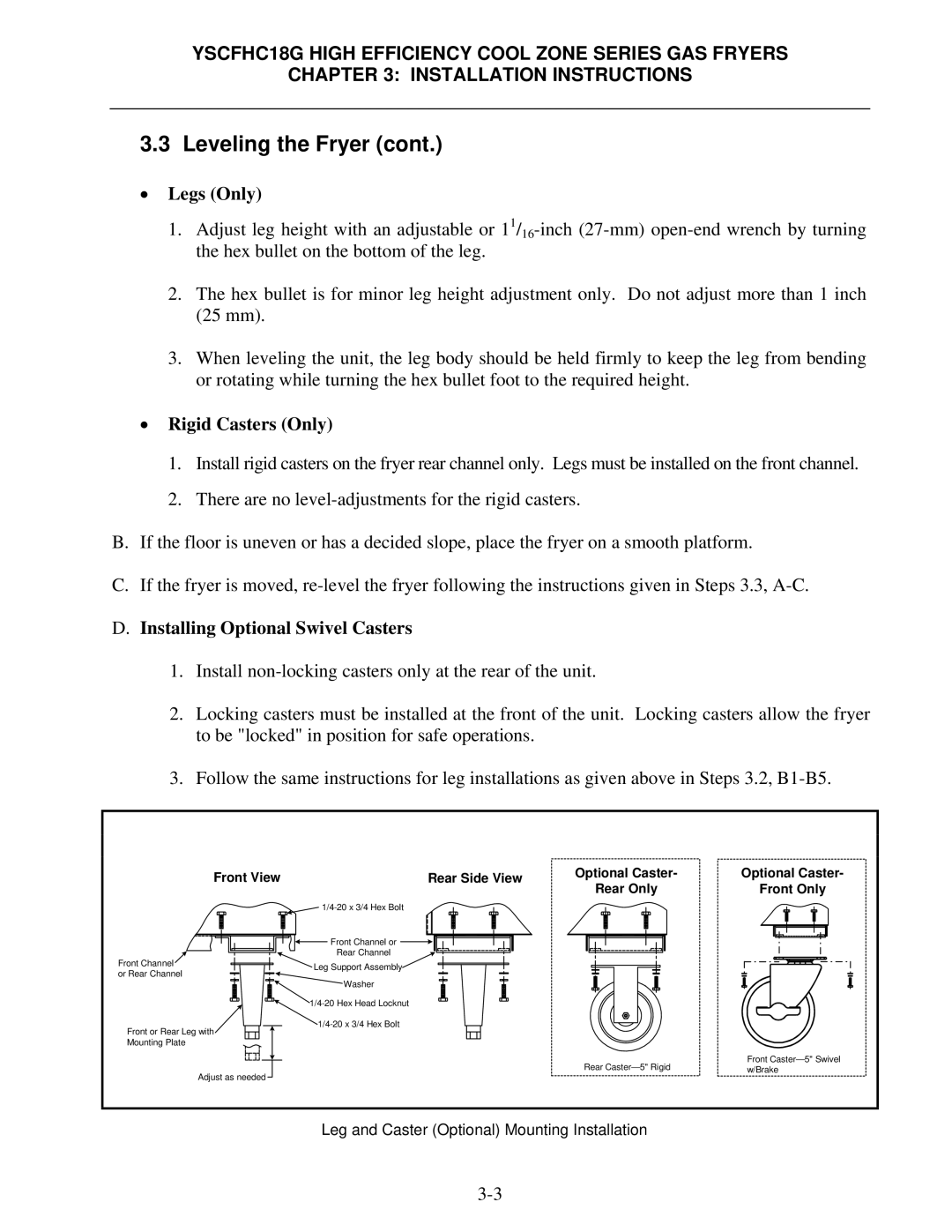 Frymaster *8196329* manual Legs Only, Rigid Casters Only, Installing Optional Swivel Casters 