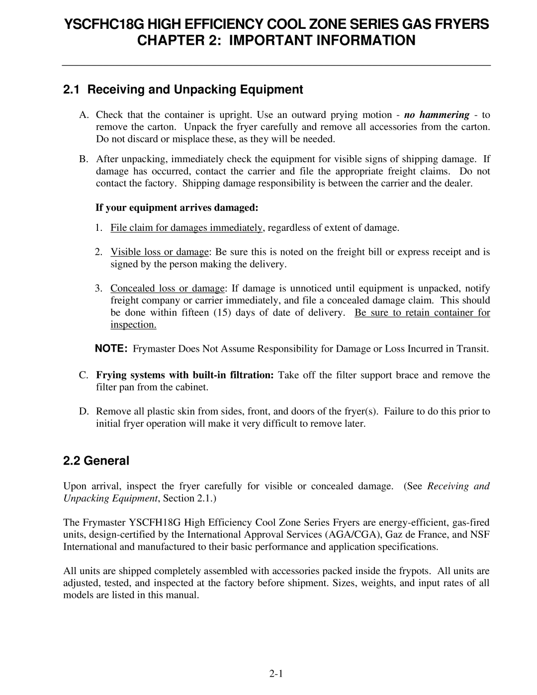 Frymaster *8196329* manual Receiving and Unpacking Equipment, General, If your equipment arrives damaged 