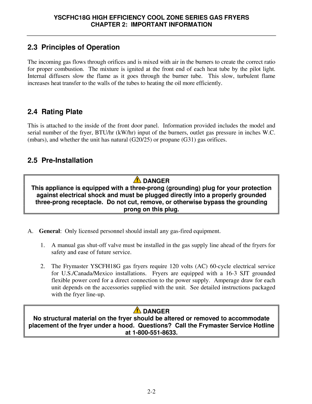 Frymaster *8196329* manual Principles of Operation, Rating Plate, Pre-Installation 