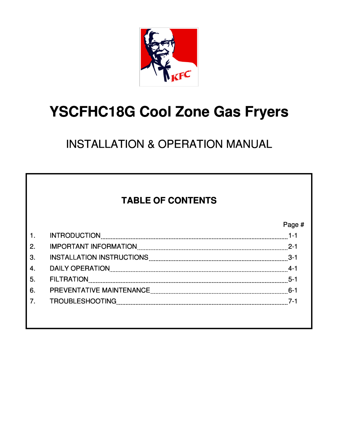 Frymaster *8196329* manual Table Of Contents, YSCFHC18G Cool Zone Gas Fryers 