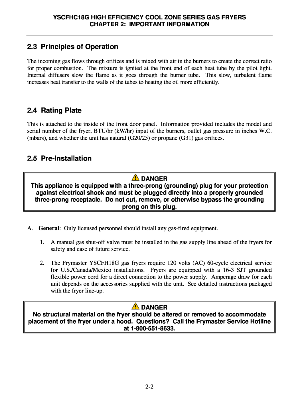 Frymaster *8196329* manual Principles of Operation, Rating Plate, Pre-Installation, Important Information, Danger 