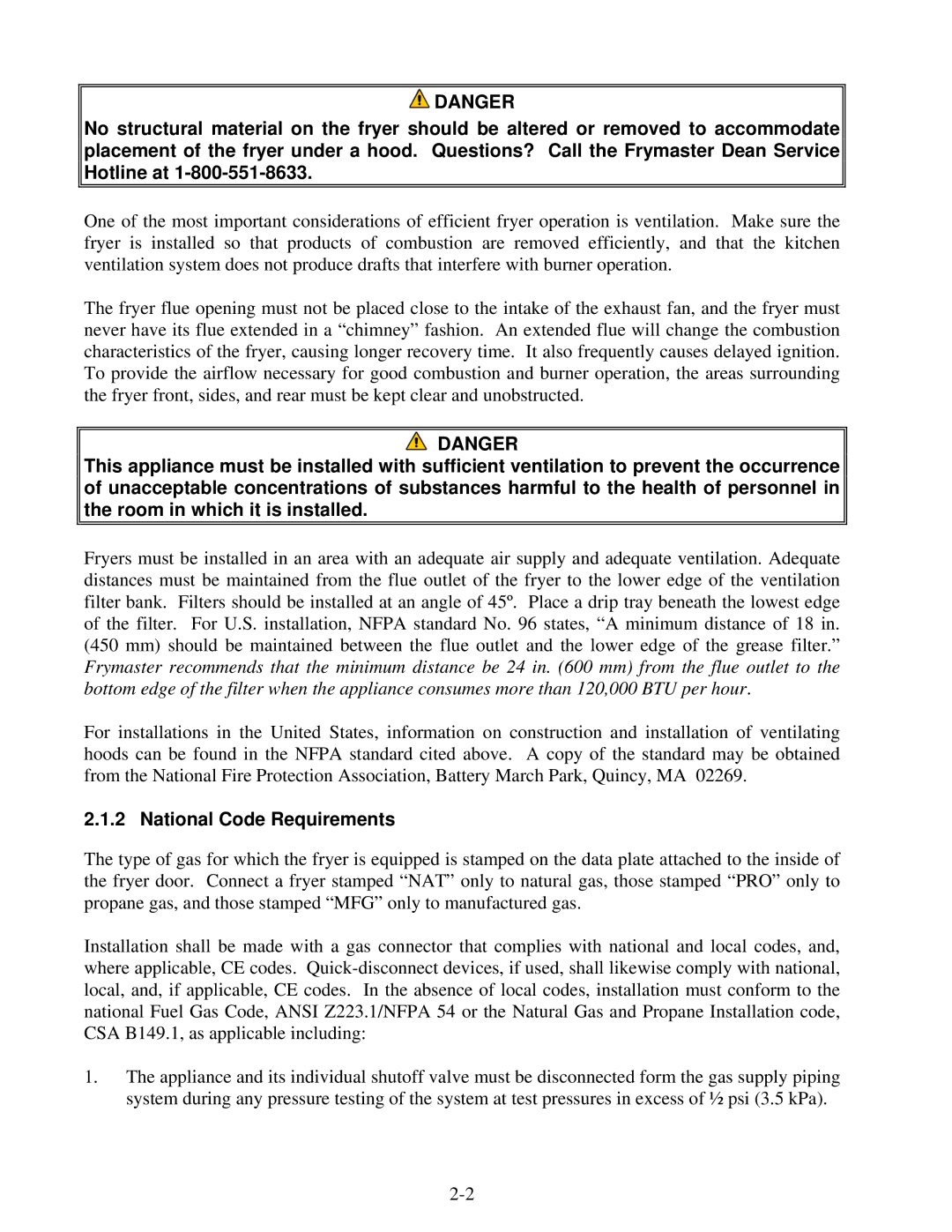 Frymaster 8196339 operation manual National Code Requirements 