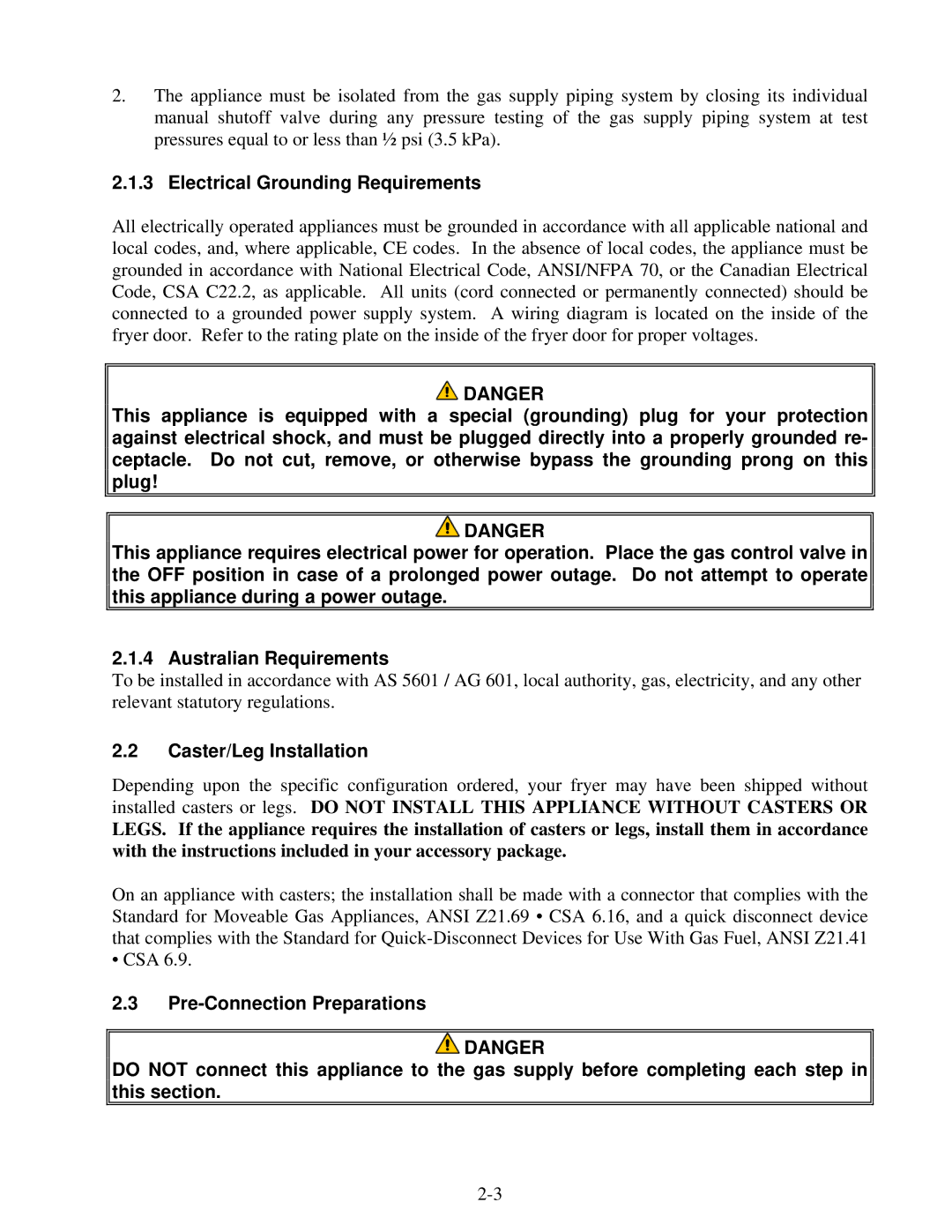 Frymaster 8196339 operation manual Electrical Grounding Requirements, Caster/Leg Installation 