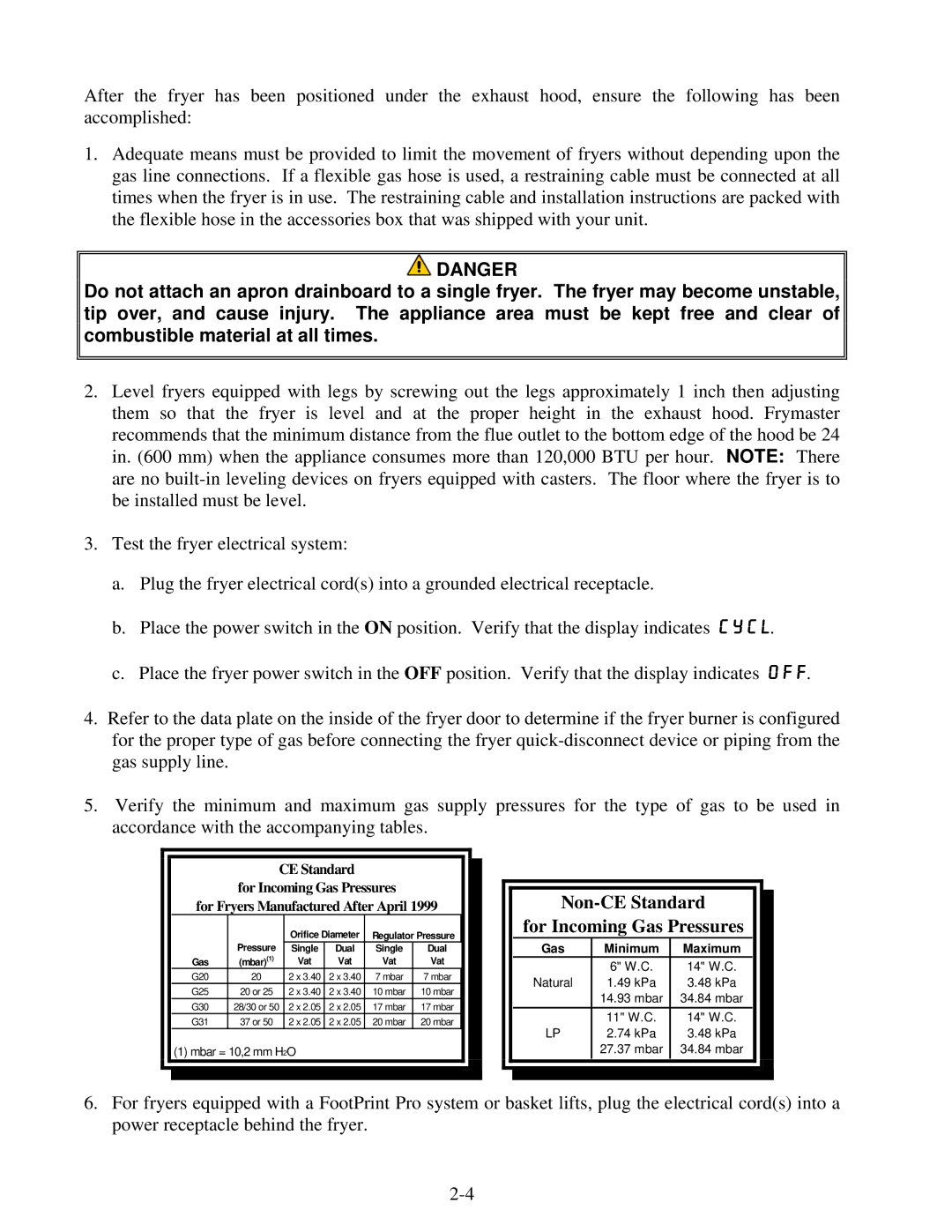 Frymaster 8196339 operation manual Non-CE Standard For Incoming Gas Pressures 