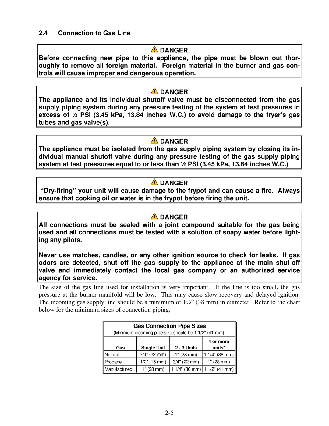 Frymaster 8196339 operation manual Gas Connection Pipe Sizes 