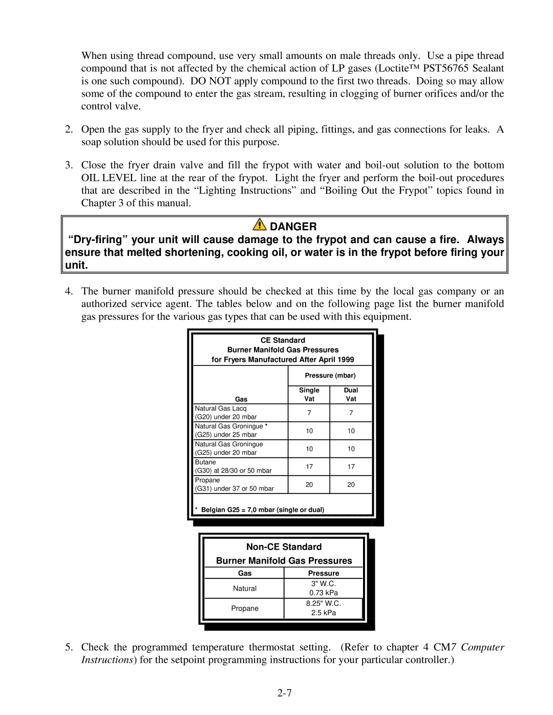 Frymaster 8196339 operation manual Non-CE Standard Burner Manifold Gas Pressures 