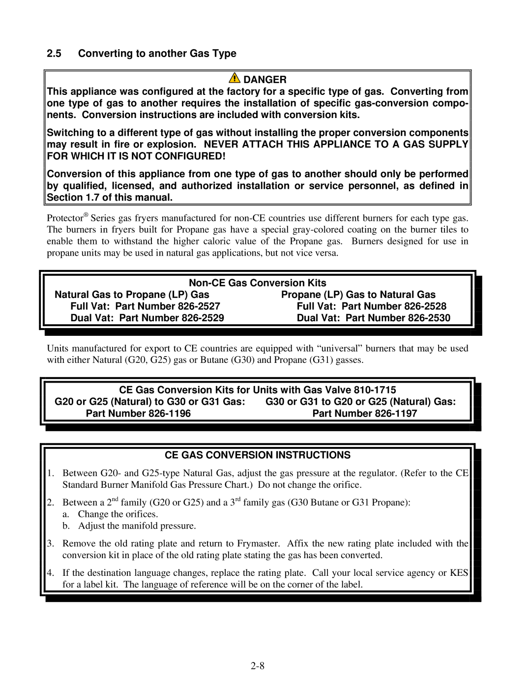 Frymaster 8196339 operation manual Converting to another Gas Type, CE GAS Conversion Instructions 