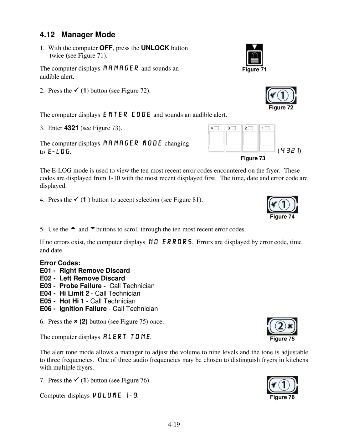 Frymaster 8196339 operation manual Manager Mode, 4321, To E-LOG, E06 Ignition Failure Call Technician 