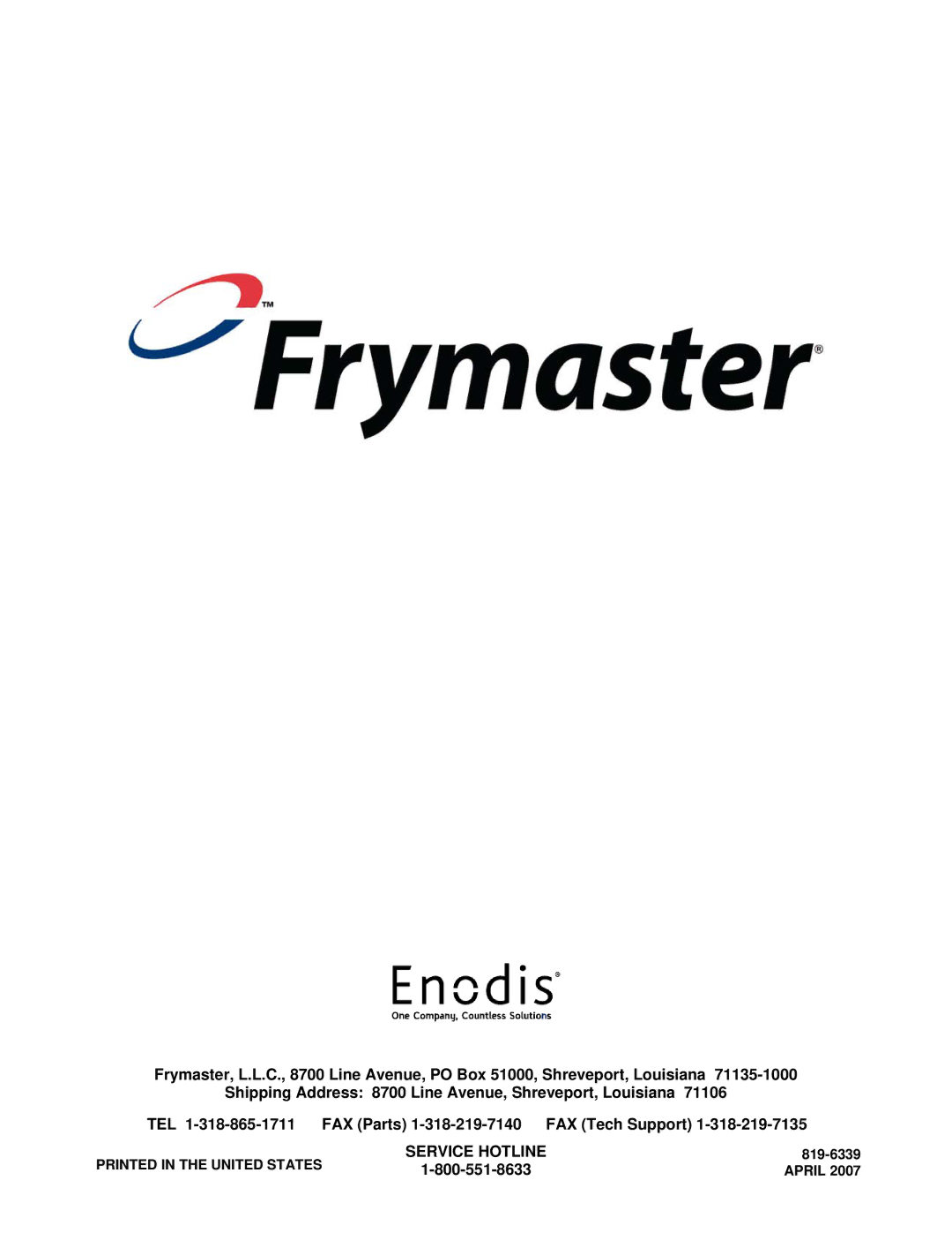 Frymaster 8196339 operation manual Service Hotline 