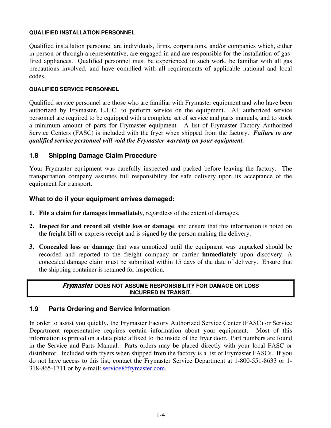 Frymaster 8196339 operation manual Shipping Damage Claim Procedure, What to do if your equipment arrives damaged 