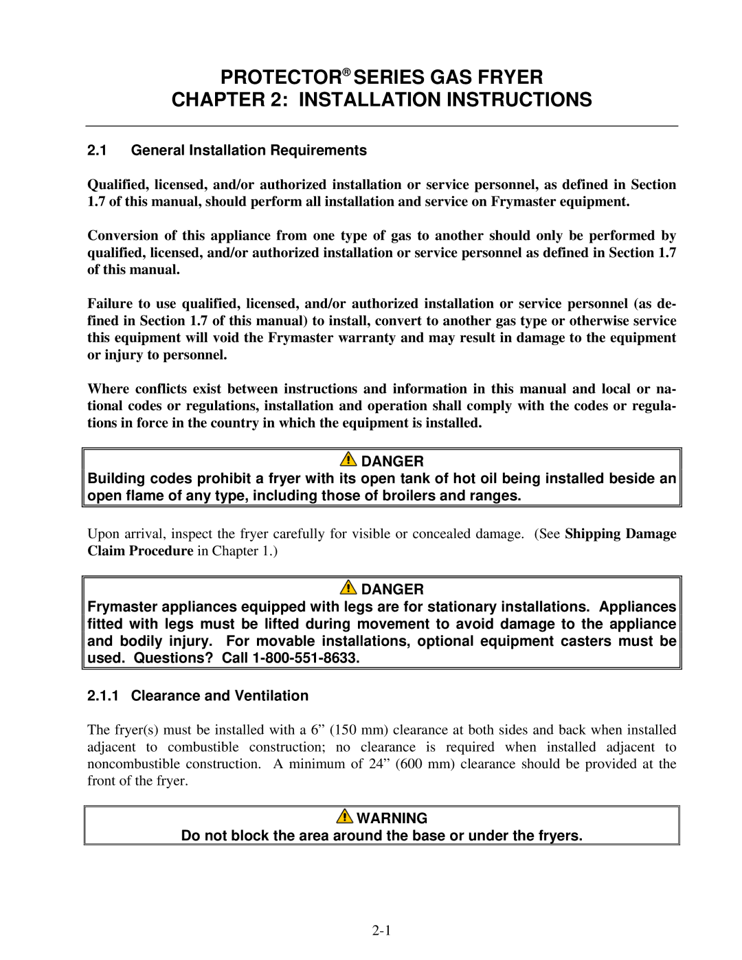 Frymaster 8196339 General Installation Requirements, Do not block the area around the base or under the fryers 