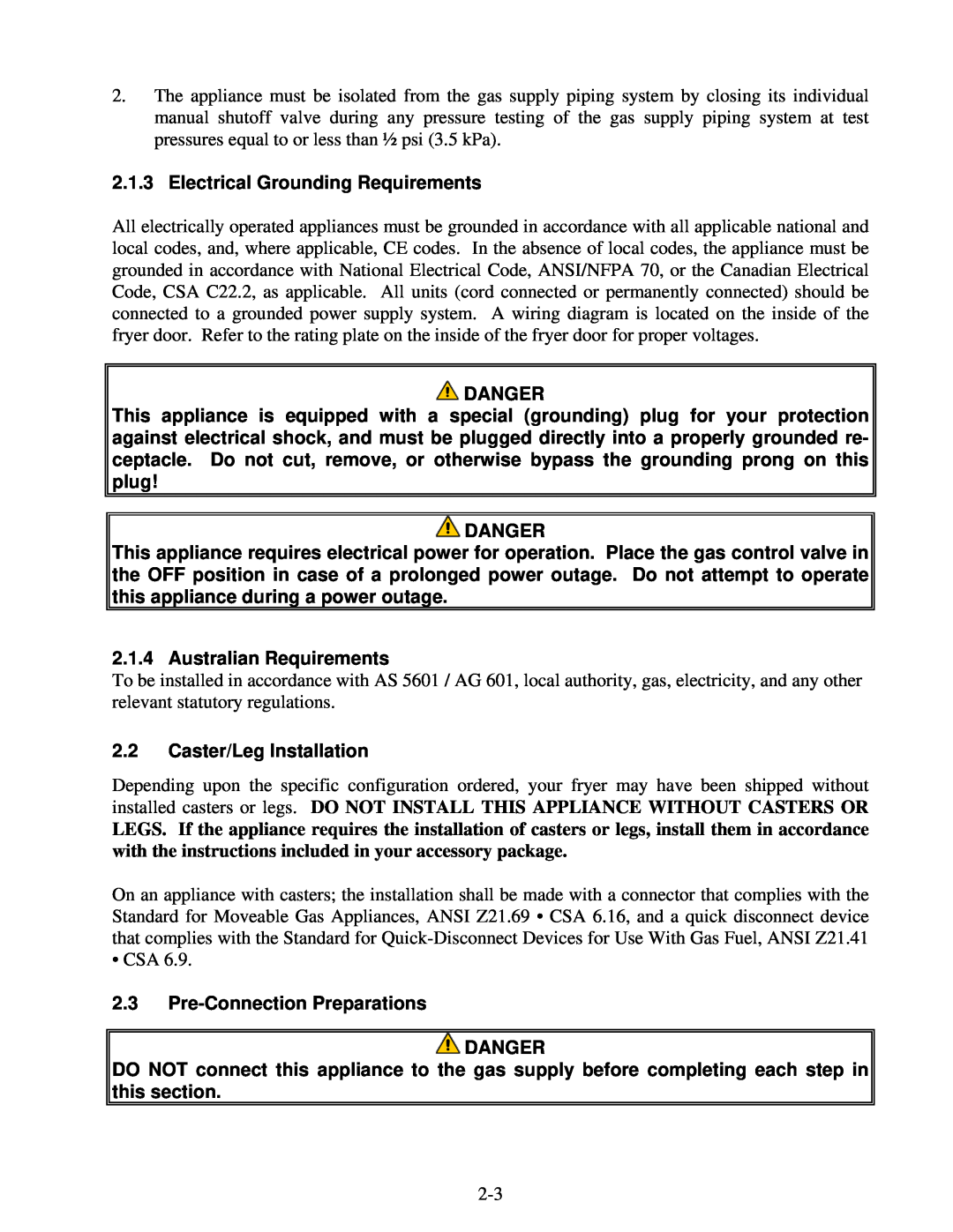 Frymaster 8196339 Electrical Grounding Requirements, Australian Requirements, Caster/Leg Installation, Danger 